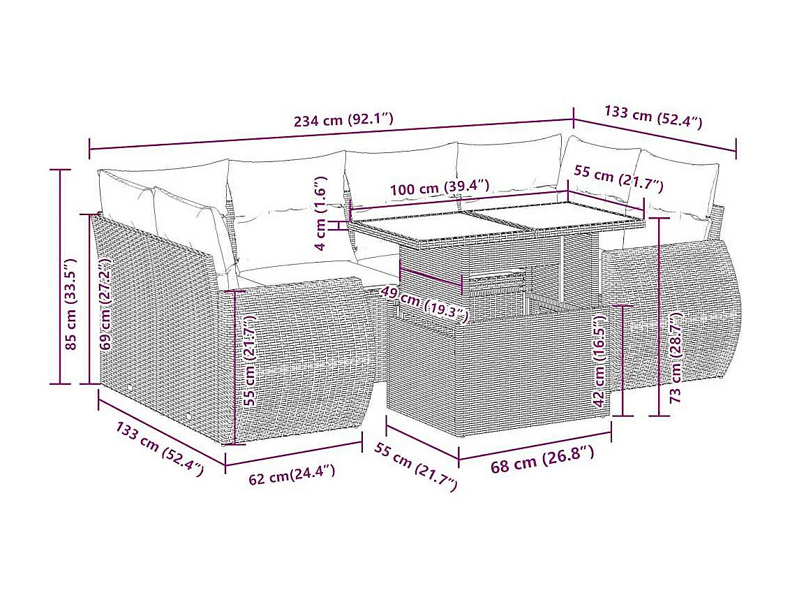 Set Divani da Giardino 7pz con Cuscini Grigio Chiaro Polyrattan