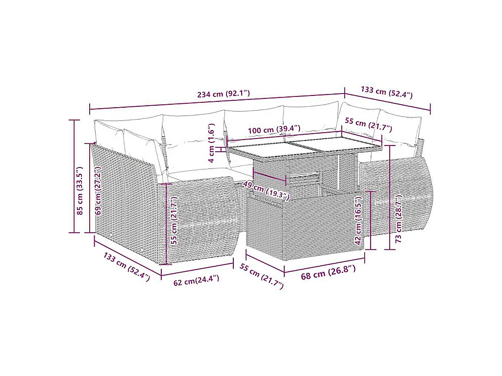 7-delige Loungeset met kussens poly rattan lichtgrijs