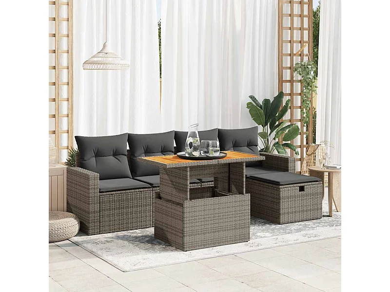 6-tlg. Garten-Sofagarnitur mit Kissen Grau Poly Rattan Akazie
