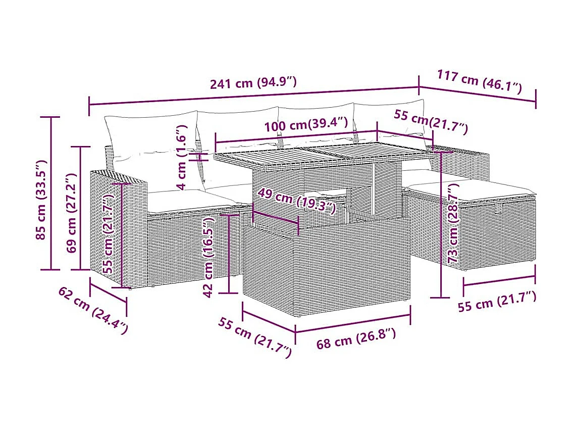 6-tlg. Garten-Sofagarnitur mit Kissen Grau Poly Rattan Akazie