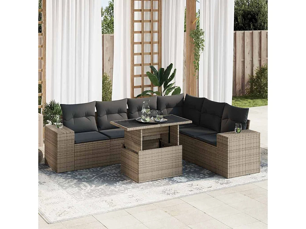 Salon de jardin avec coussins 7 pcs gris résine tressée