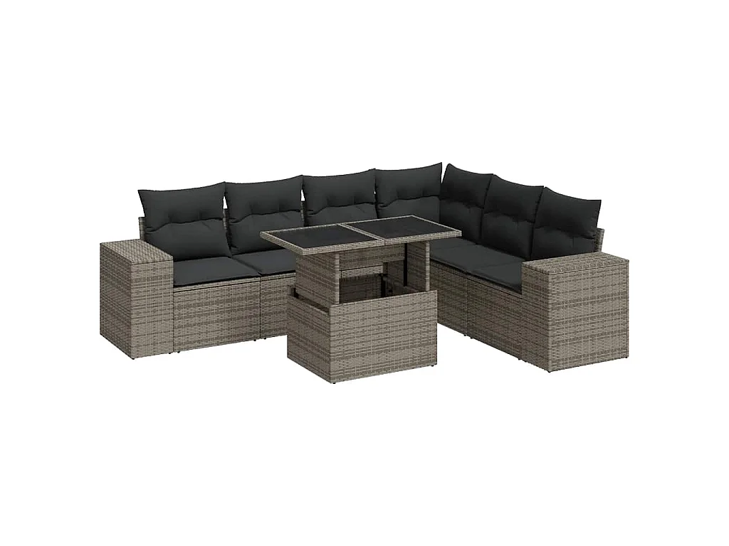 7-tlg. Garten-Sofagarnitur mit Kissen Grau Poly Rattan