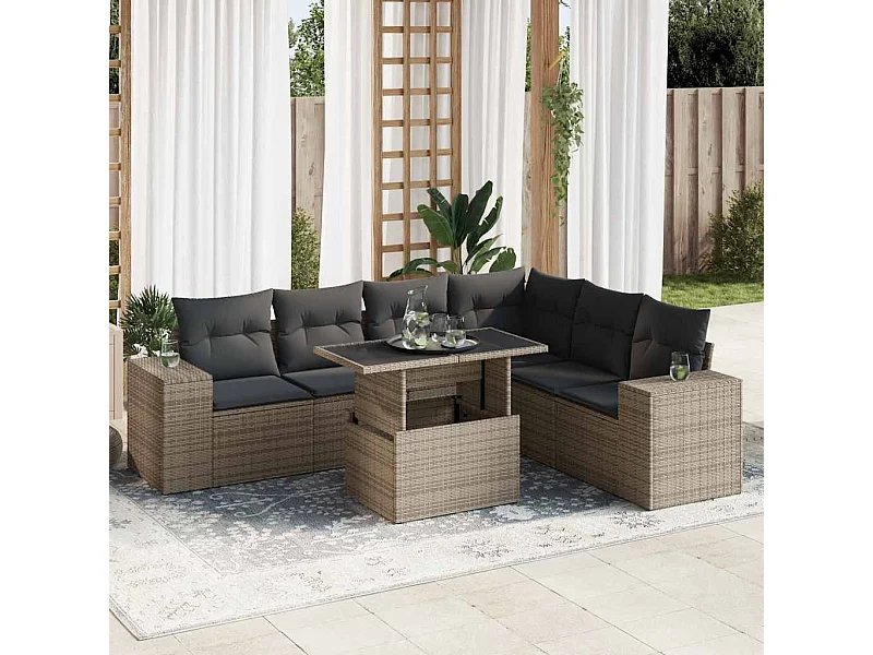 Salon de jardin avec coussins 7 pcs gris résine tressée