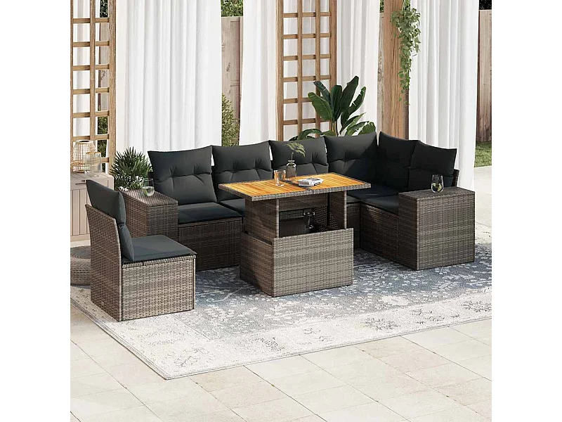 Salon de jardin avec coussins 7 pcs gris résine tressée