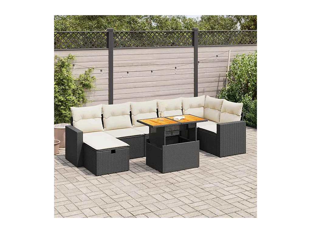 Salon de jardin 5 pcs avec coussins noir résine tressée acacia