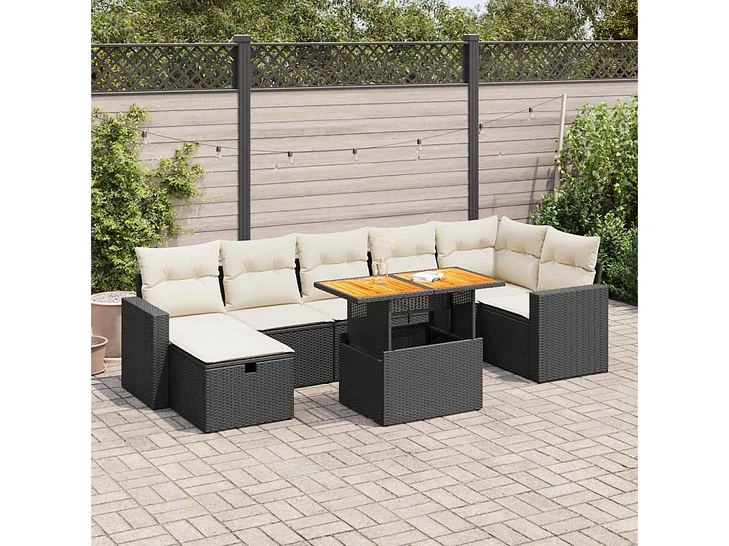 Salon de jardin 5 pcs avec coussins noir résine tressée acacia