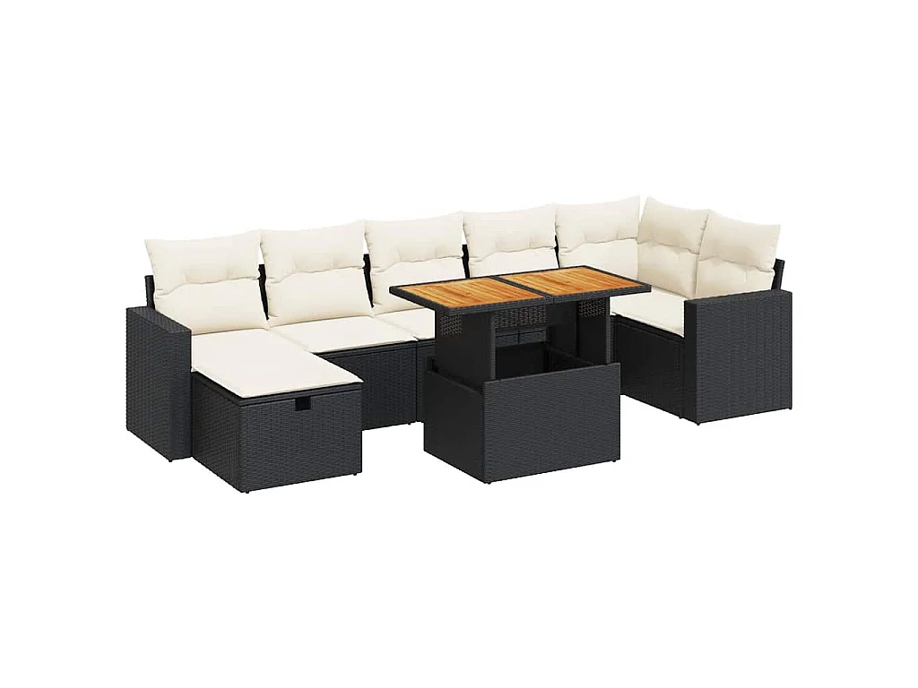 Salon de jardin 5 pcs avec coussins noir résine tressée acacia