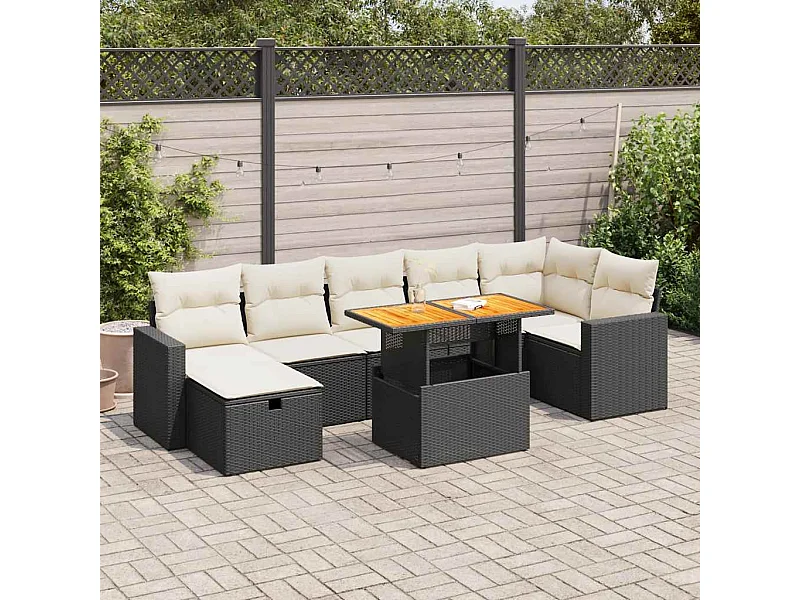 Salon de jardin 5 pcs avec coussins noir résine tressée acacia