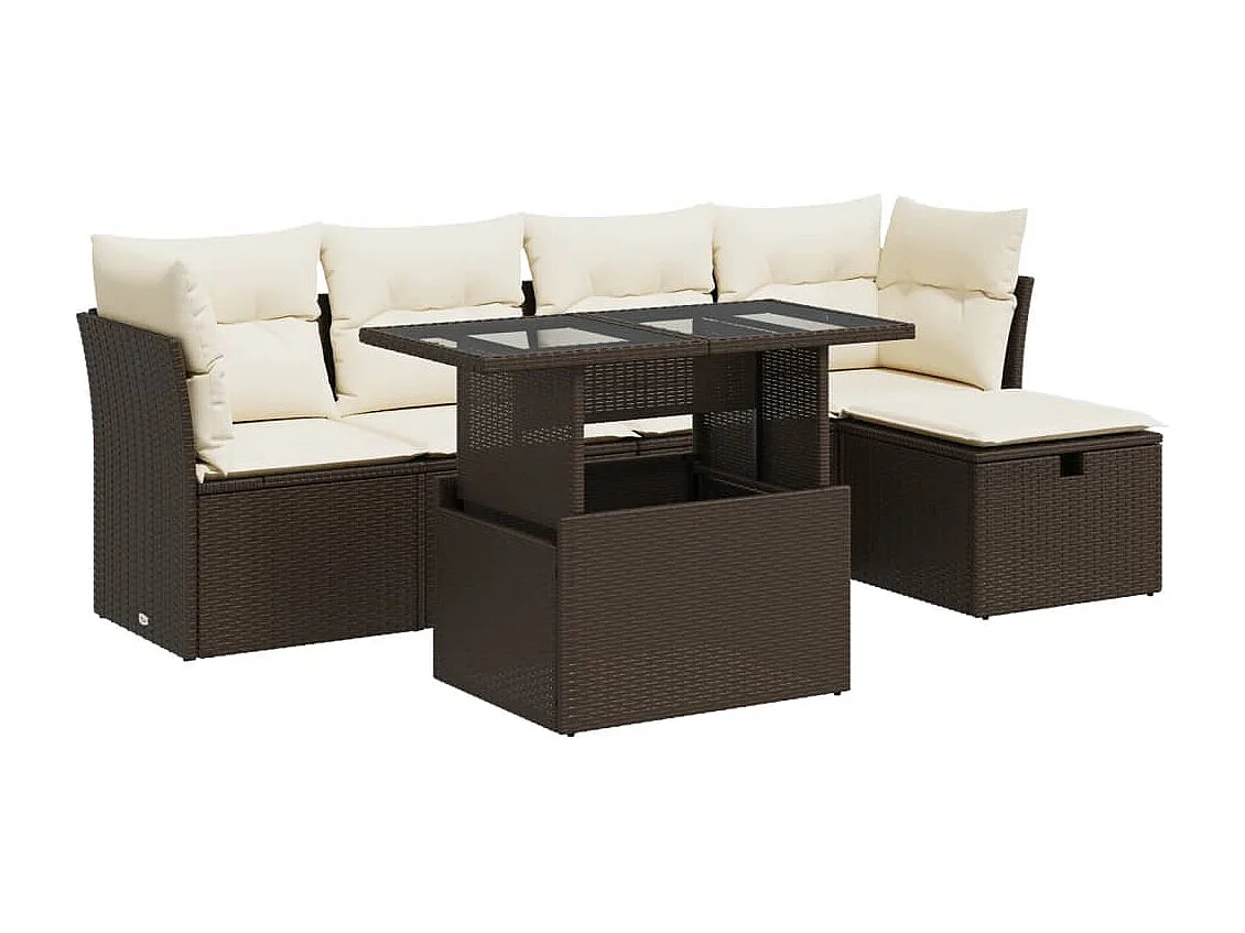 6-delige Loungeset met kussens poly rattan bruin