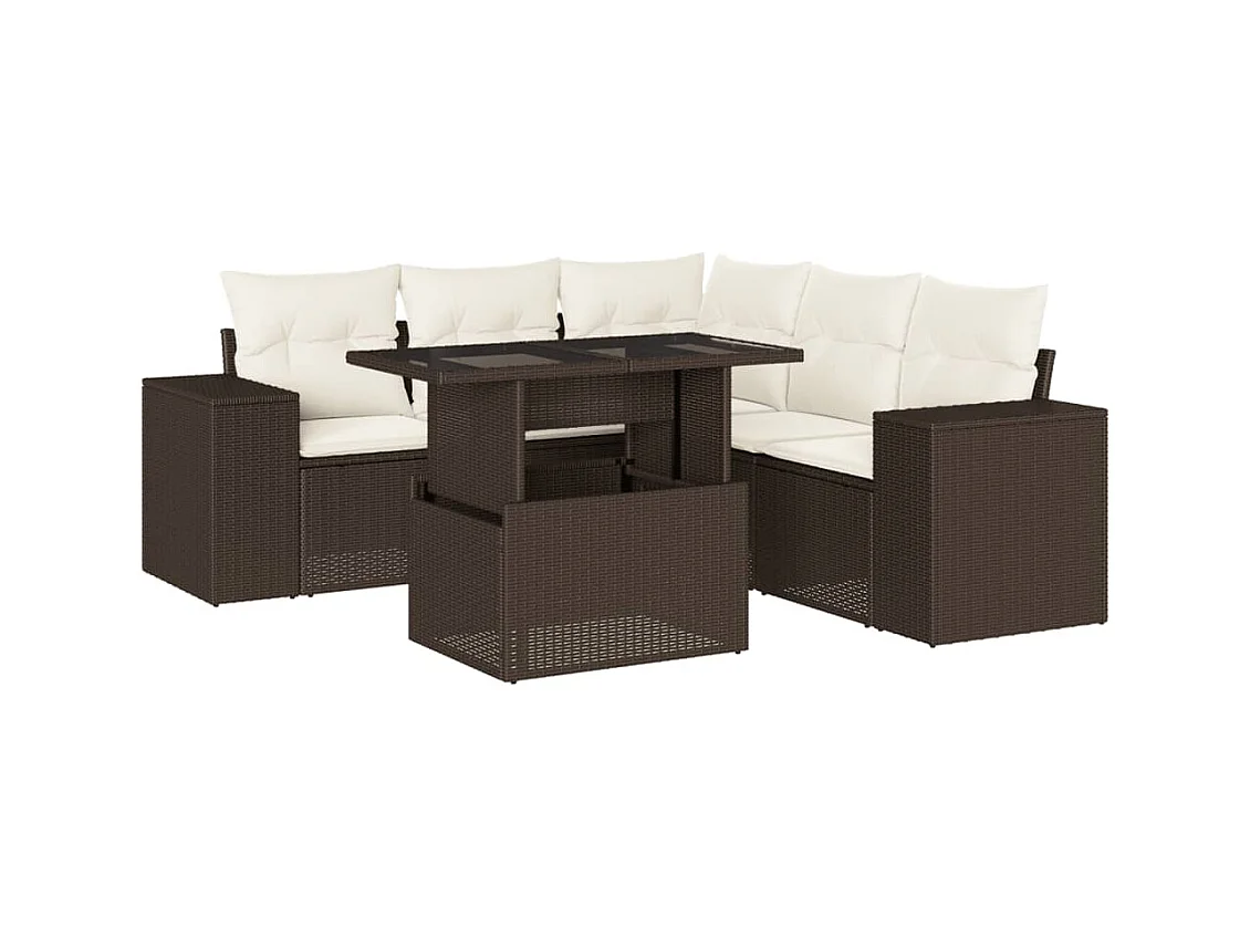 6-delige Loungeset met kussens poly rattan bruin