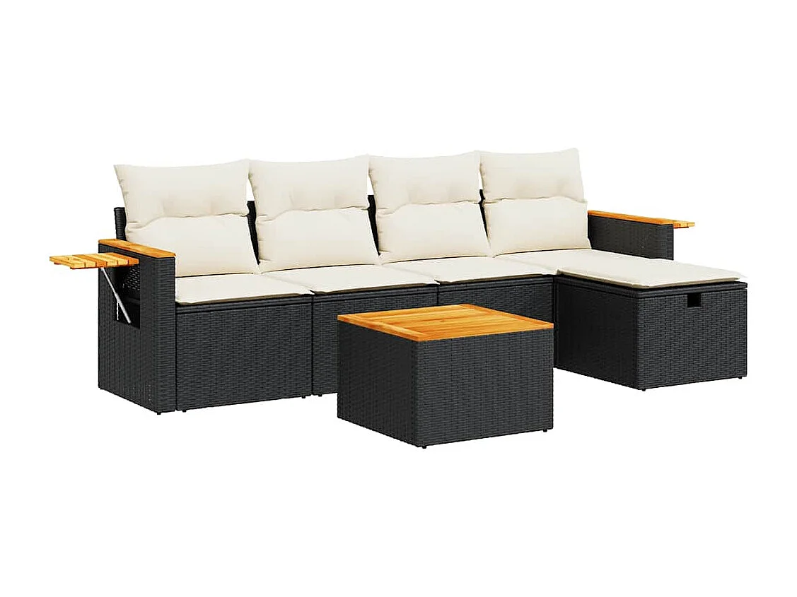 Salon de jardin 6 pcs avec coussins noir résine tressée