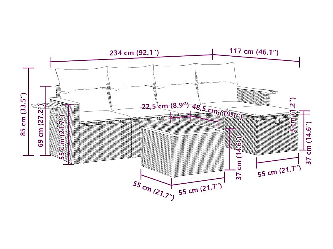 Set Divano da Giardino 6 pz con Cuscini Nero in Polyrattan