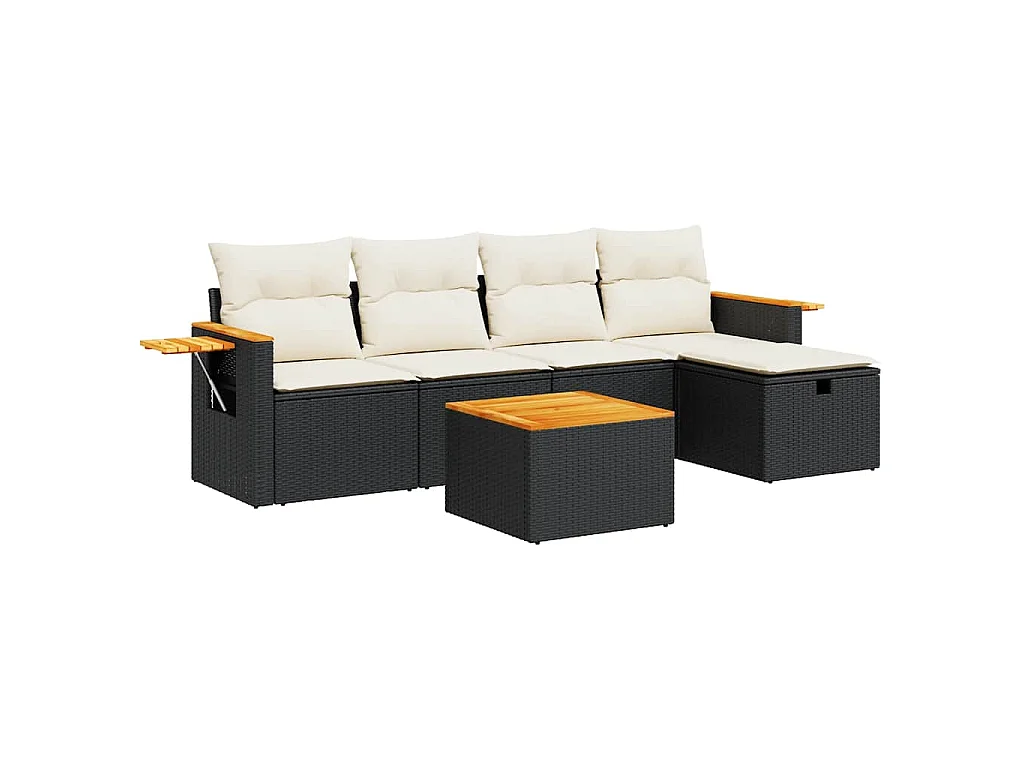 6-tlg. Garten-Sofagarnitur mit Kissen Schwarz Poly Rattan