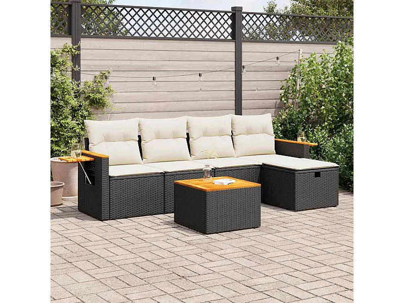 Set Divano da Giardino 6 pz con Cuscini Nero in Polyrattan