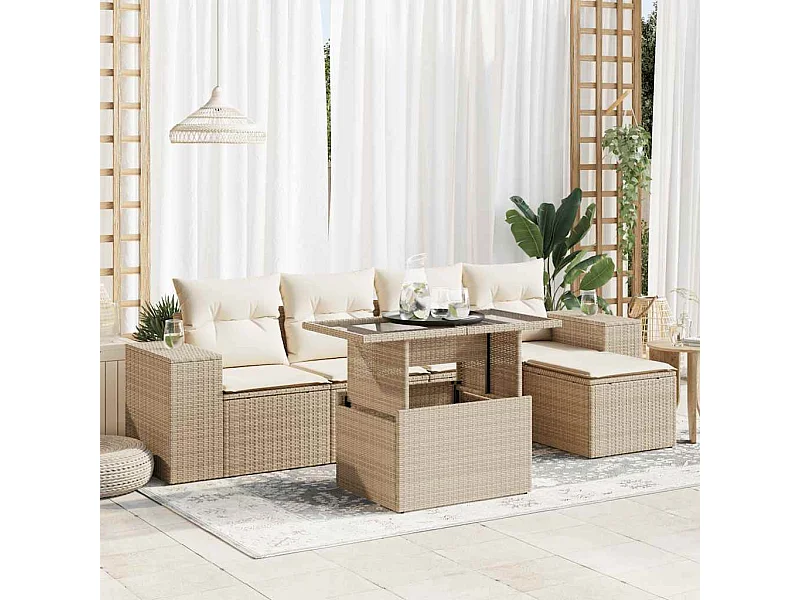 6-tlg. Garten-Sofagarnitur mit Kissen Beige Poly Rattan