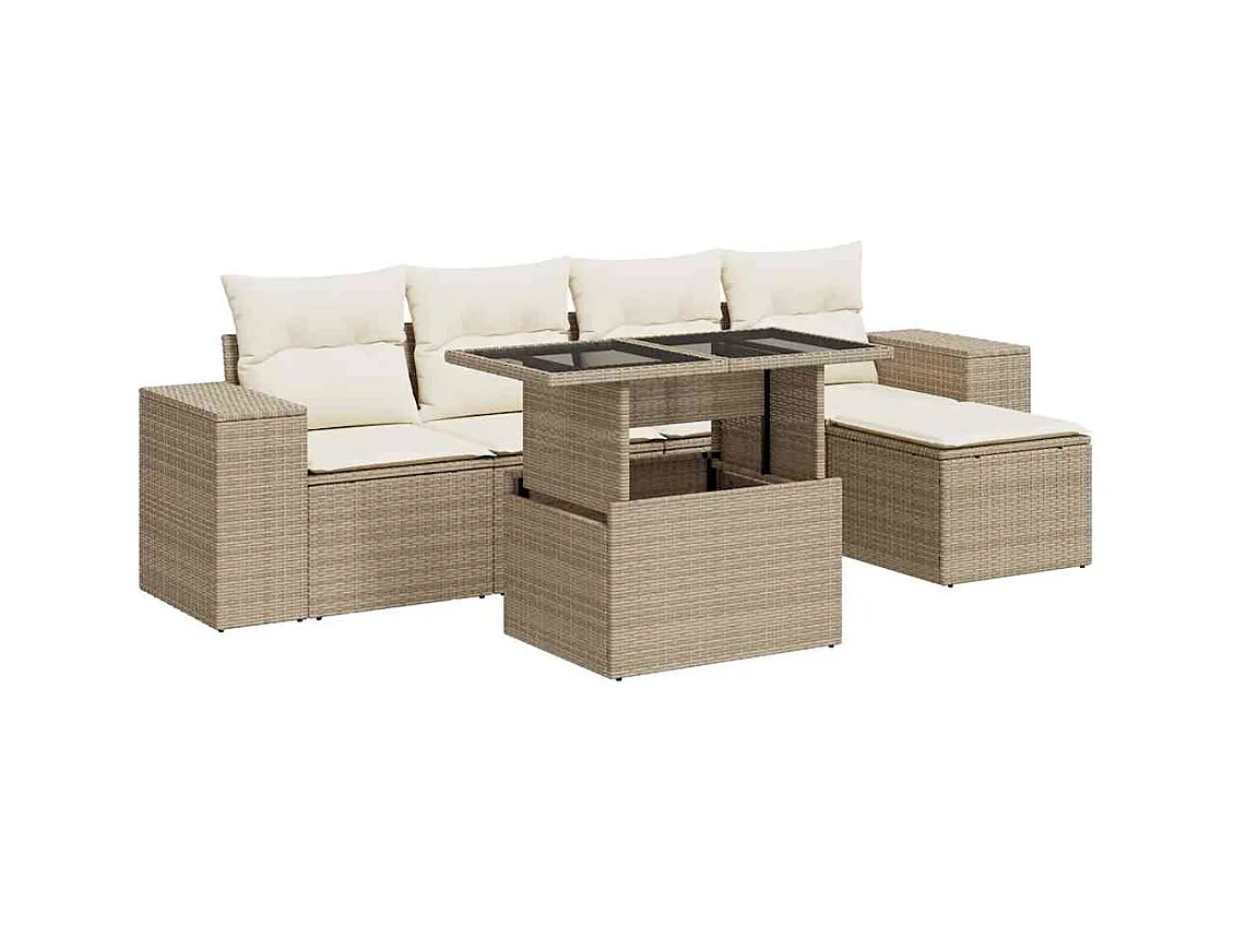 6-tlg. Garten-Sofagarnitur mit Kissen Beige Poly Rattan