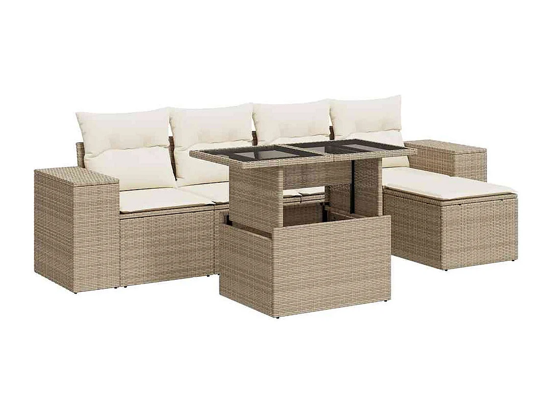 6-tlg. Garten-Sofagarnitur mit Kissen Beige Poly Rattan