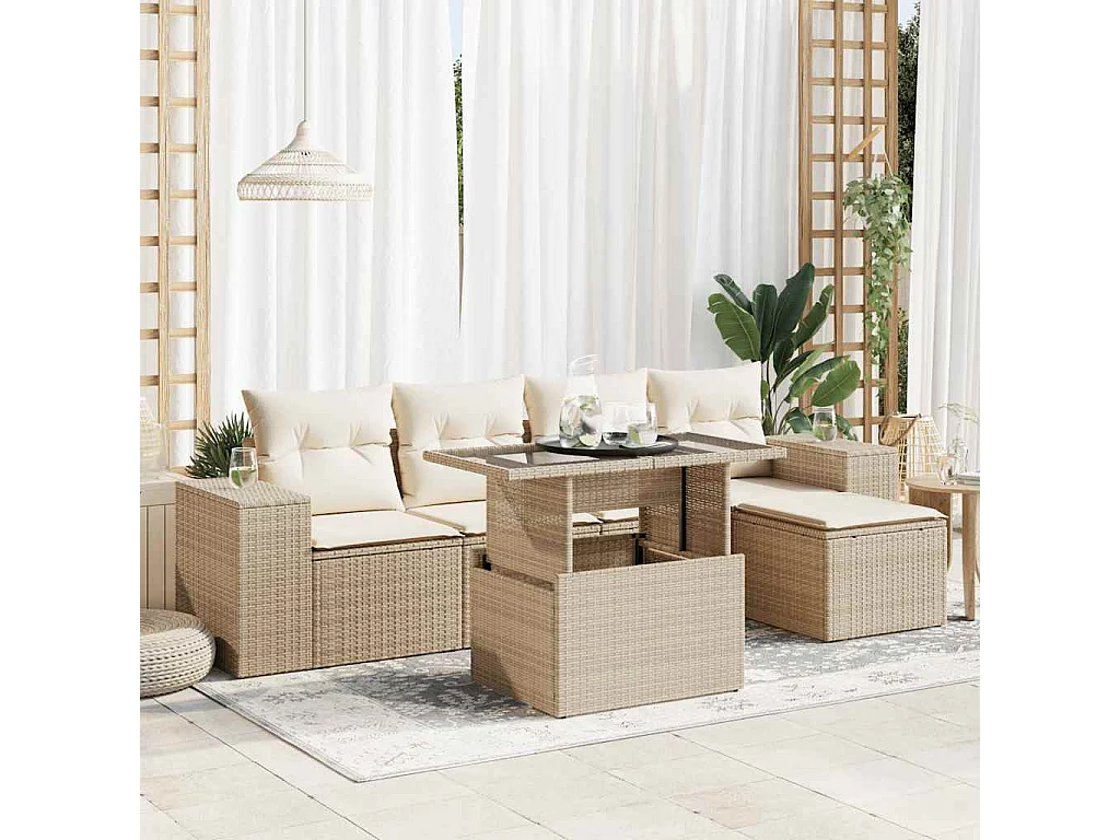 6-tlg. Garten-Sofagarnitur mit Kissen Beige Poly Rattan