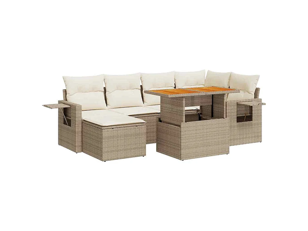7-tlg. Garten-Sofagarnitur mit Kissen Beige Poly Rattan
