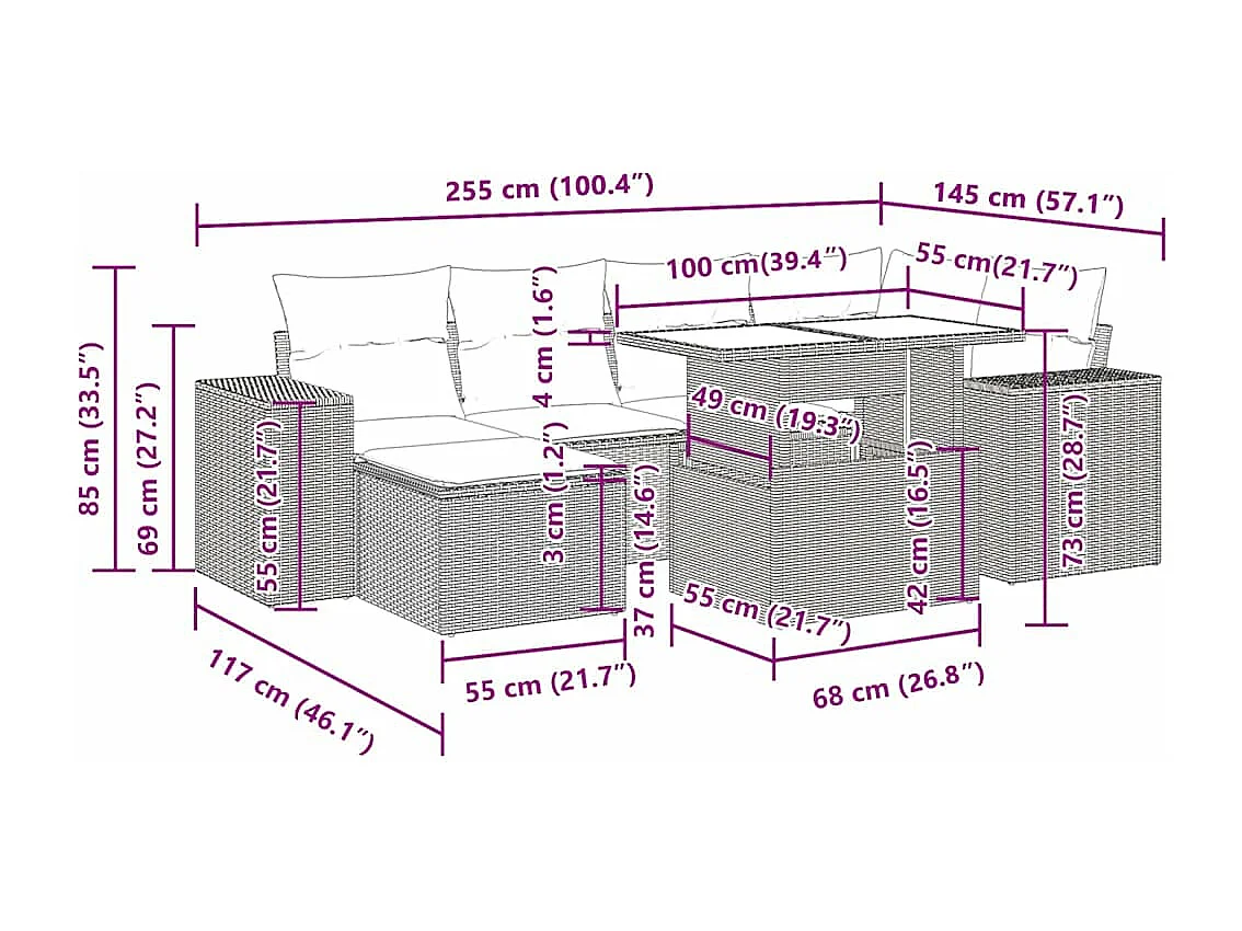 7-delige Loungeset met kussens poly rattan lichtgrijs