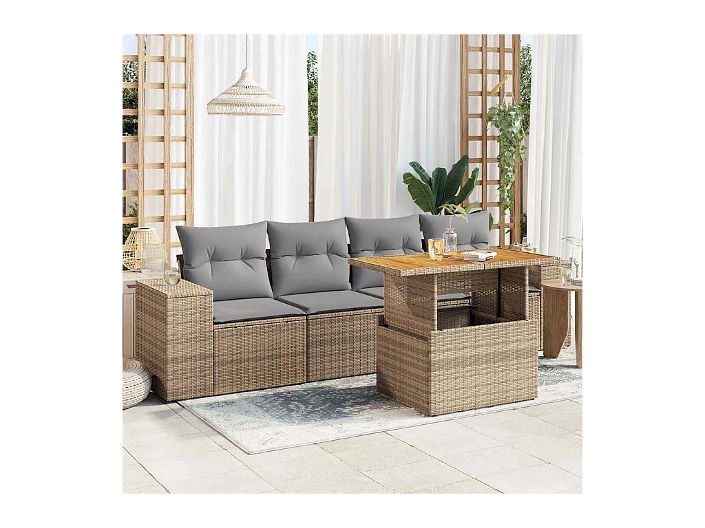 Salon de jardin avec coussins 5 pcs beige résine tressée
