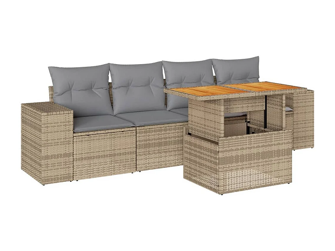 Set Divano da Giardino 5 pz con Cuscini Beige in Polyrattan