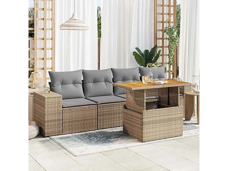 Salon de jardin avec coussins 5 pcs beige résine tressée