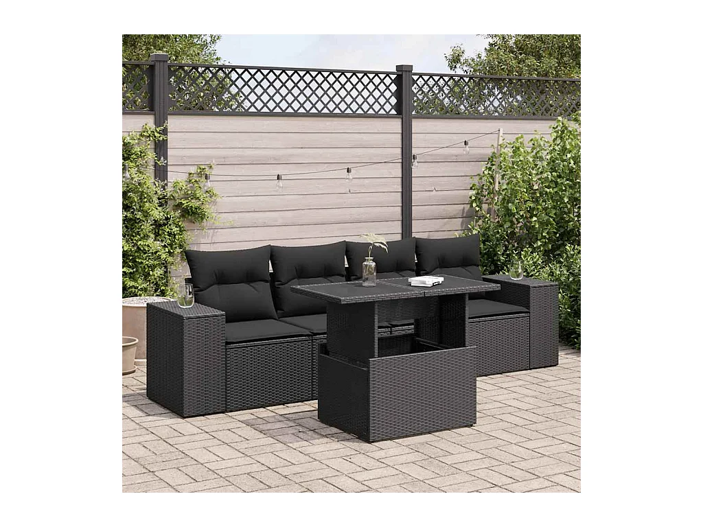 5-delige Loungeset met kussens poly rattan zwart