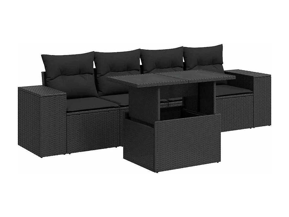 Salon de jardin 5 pcs avec coussins noir résine tressée