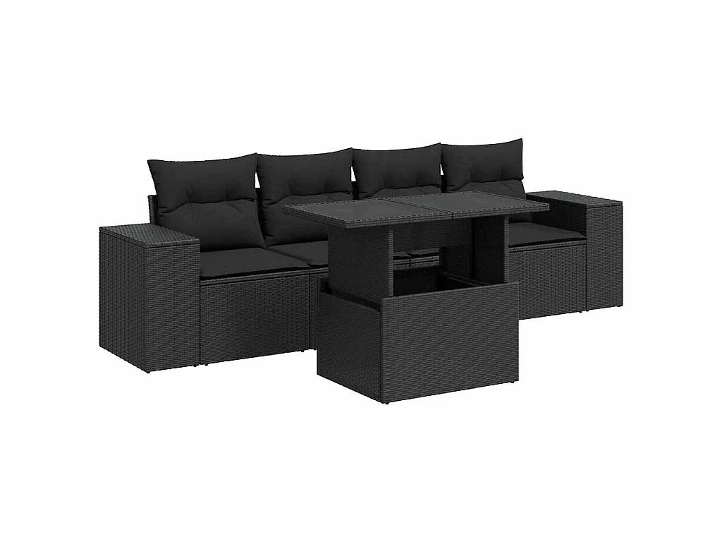 5 pcs conjunto sofás de jardim com almofadões vime PE preto
