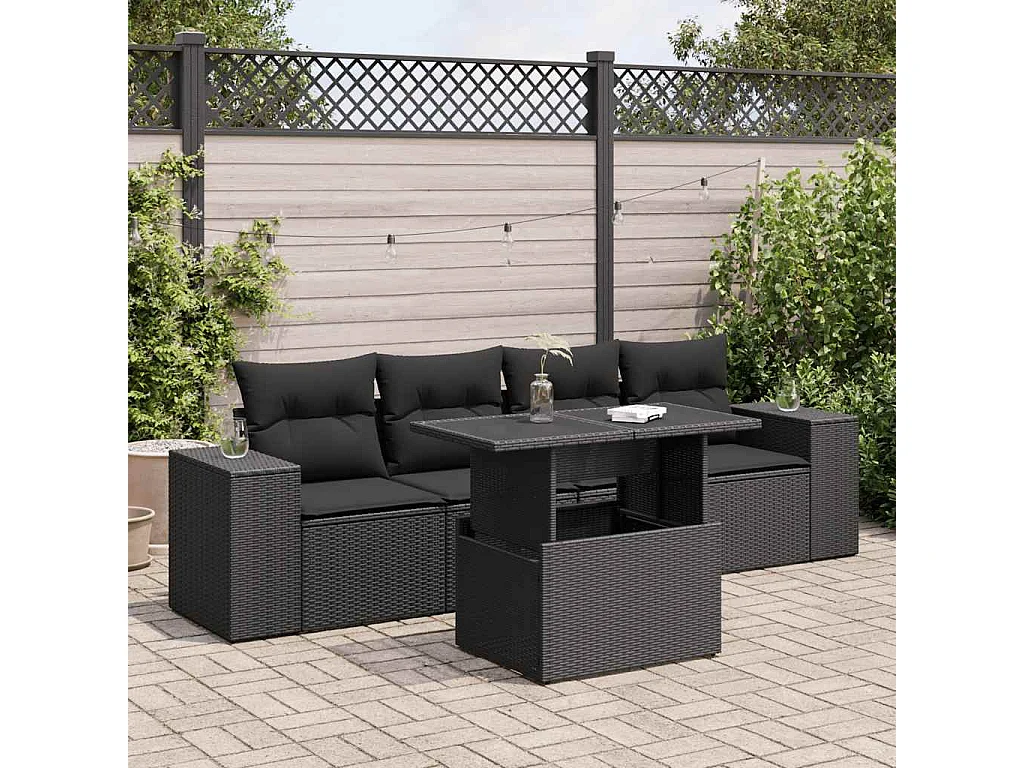 5 pcs conjunto sofás de jardim com almofadões vime PE preto
