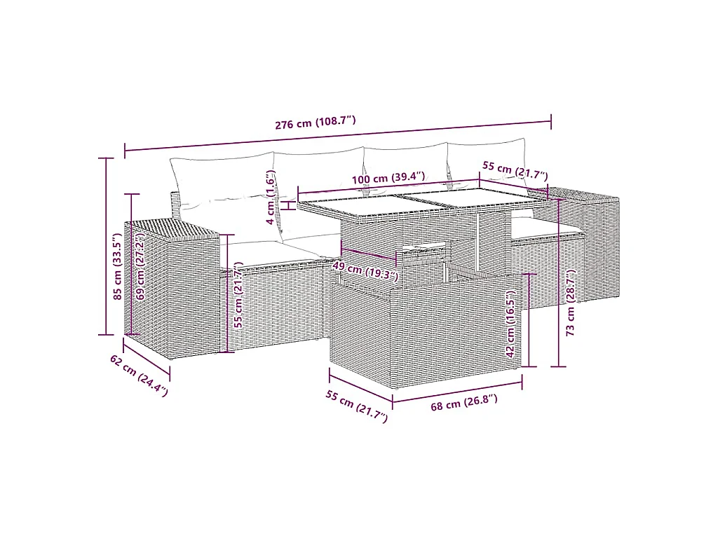 5 pcs conjunto sofás de jardim com almofadões vime PE preto