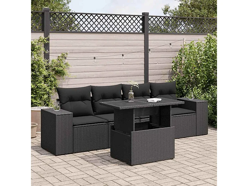 Salon de jardin 5 pcs avec coussins noir résine tressée