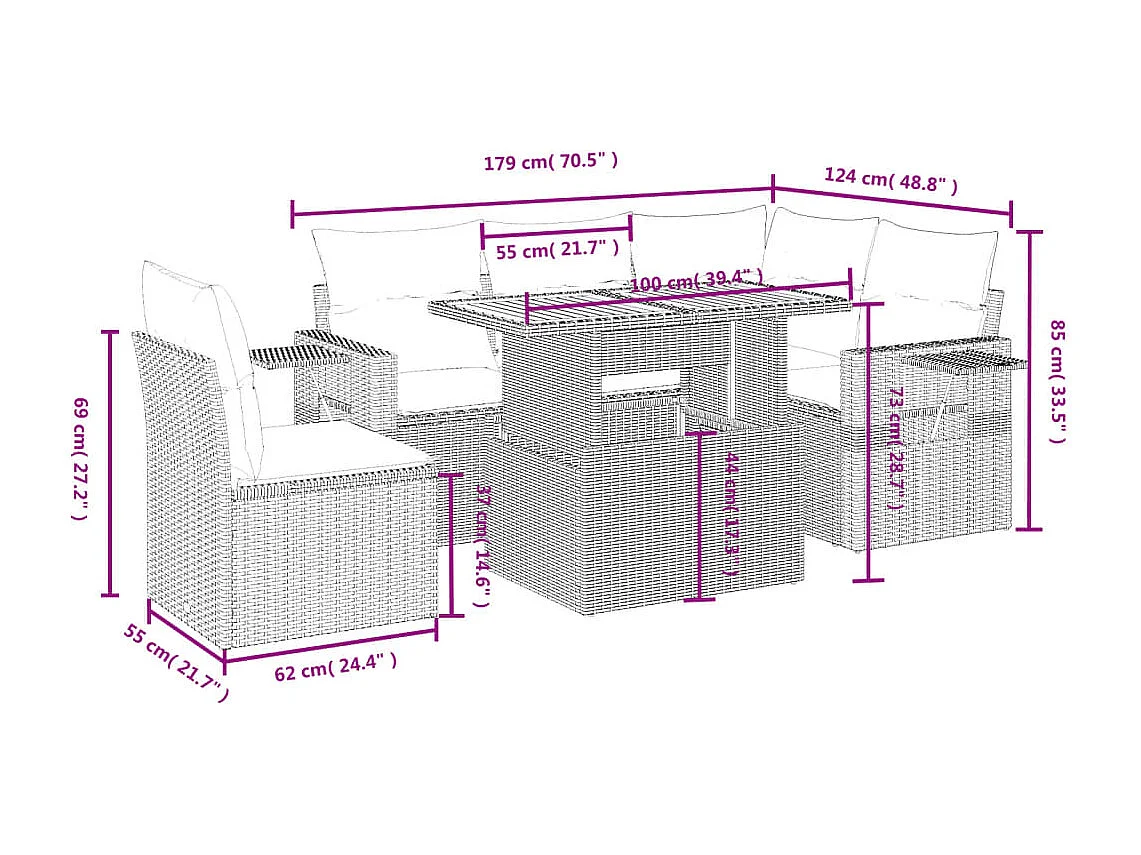 6-delige Loungeset met kussens poly rattan beige