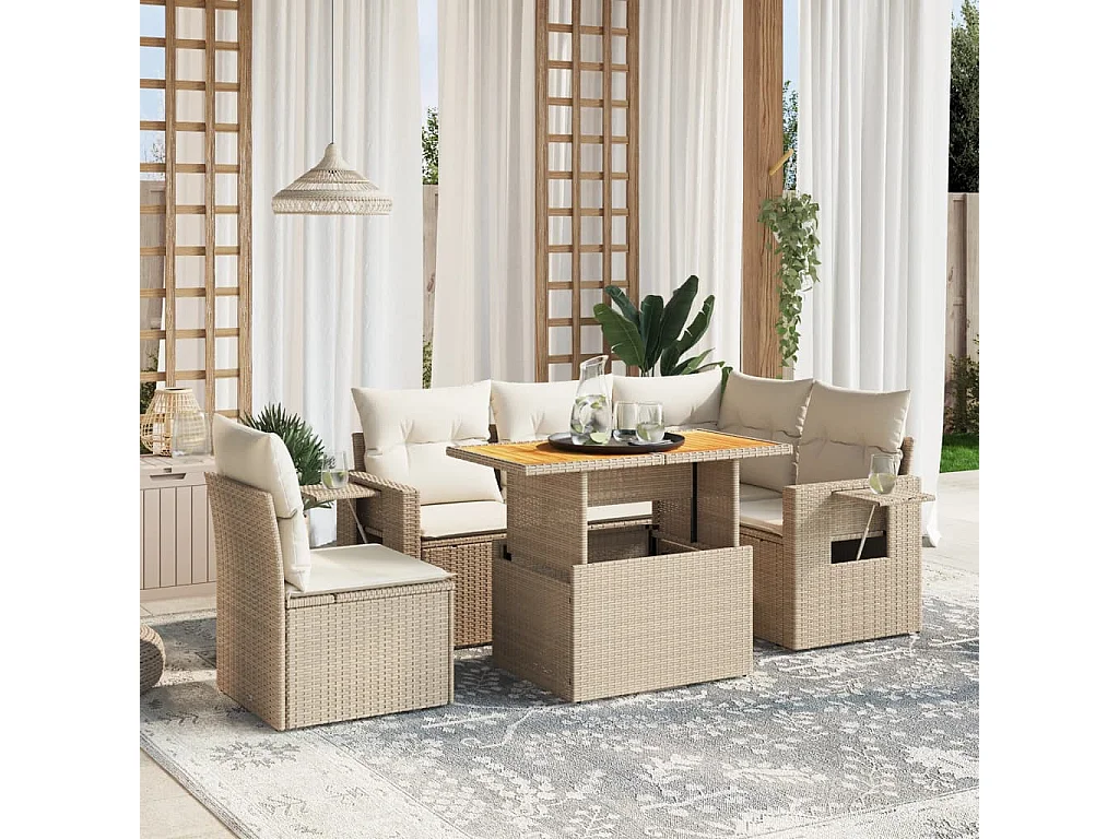 Set Divano da Giardino 6 pz con Cuscini Beige in Polyrattan