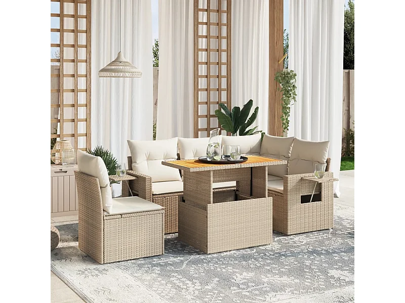 6-tlg. Garten-Sofagarnitur mit Kissen Beige Poly Rattan