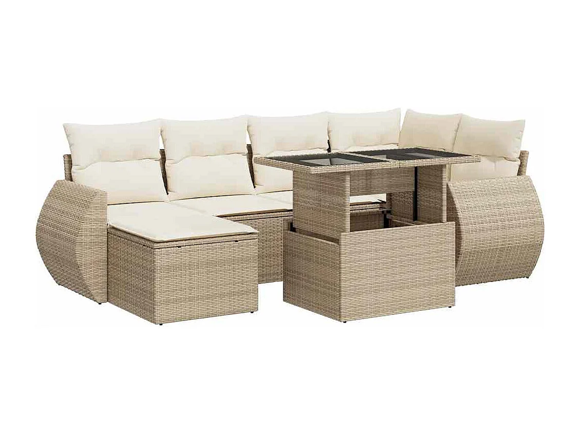 Salon de jardin avec coussins 7 pcs beige résine tressée