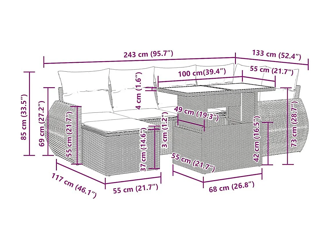 Salon de jardin avec coussins 7 pcs beige résine tressée