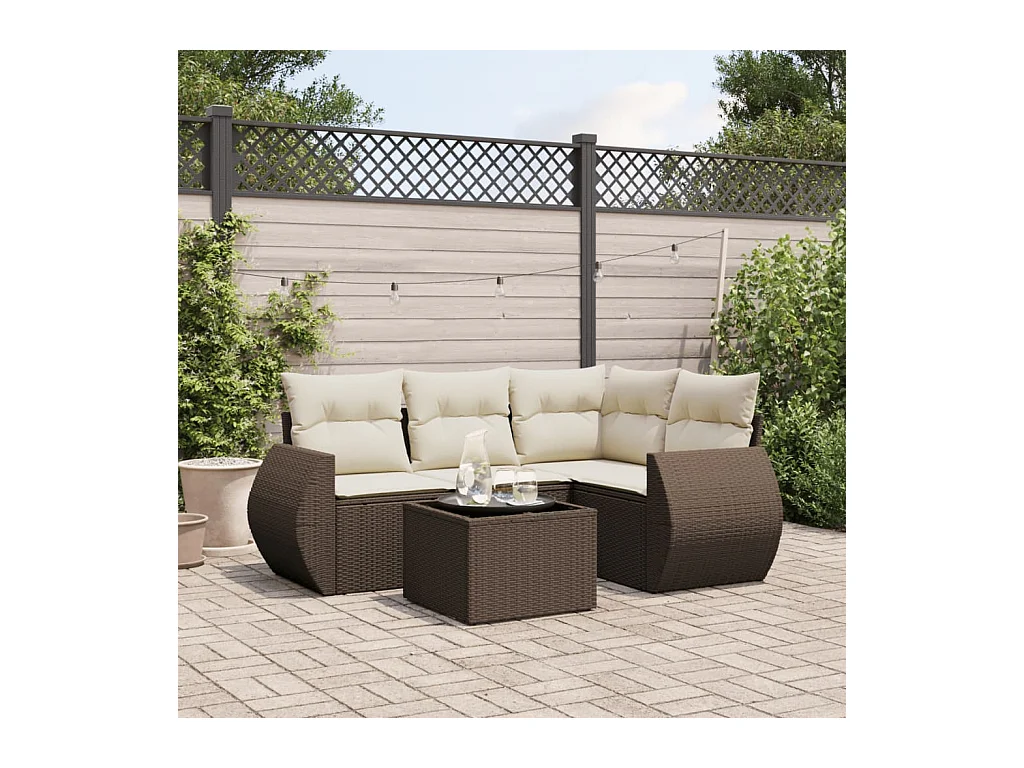Salon de jardin avec coussins 5 pcs marron résine tressée