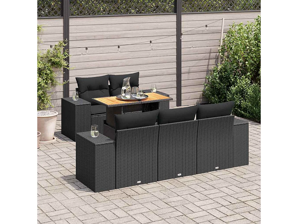 Salon de jardin 6 pcs avec coussins noir résine tressée