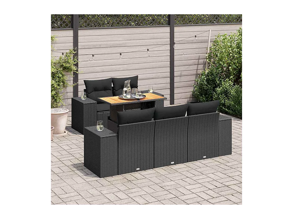 6-tlg. Garten-Sofagarnitur mit Kissen Schwarz Poly Rattan