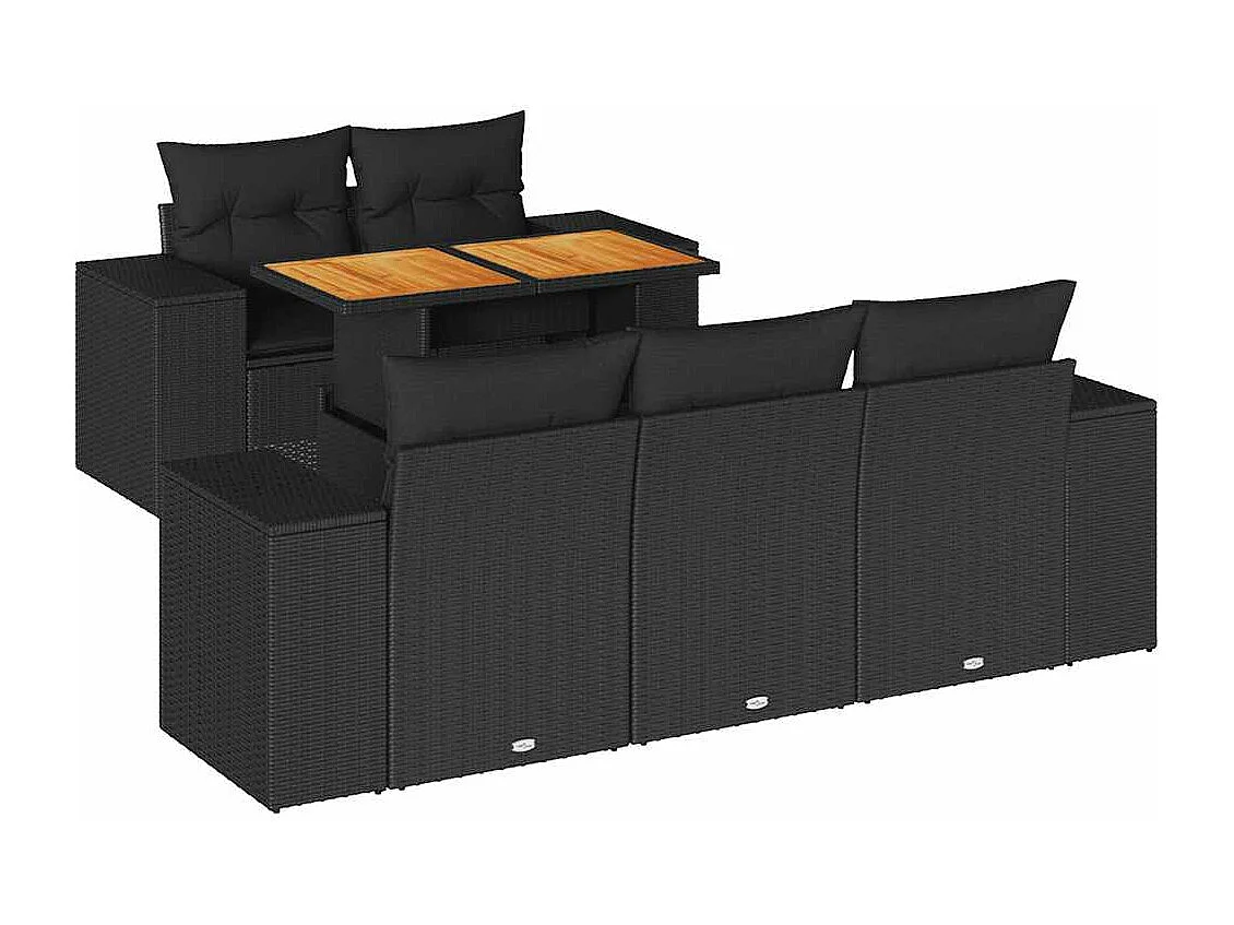 6 pcs conjunto sofás de jardim c/ almofadões vime PE preto