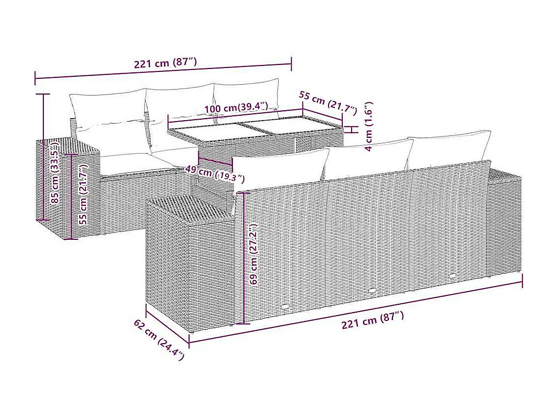 7-tlg. Garten-Sofagarnitur mit Kissen Schwarz Poly Rattan