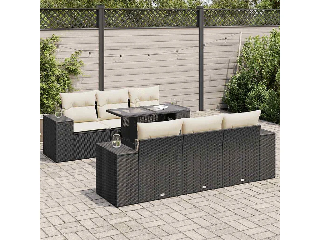 7-tlg. Garten-Sofagarnitur mit Kissen Schwarz Poly Rattan