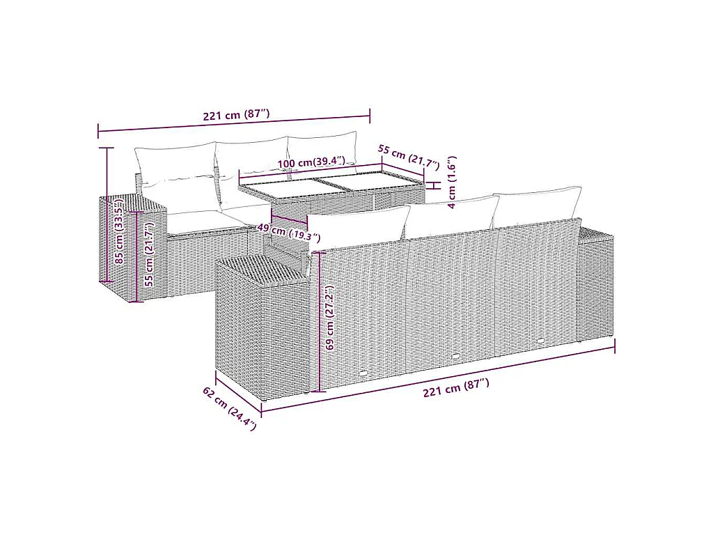 7-tlg. Garten-Sofagarnitur mit Kissen Schwarz Poly Rattan