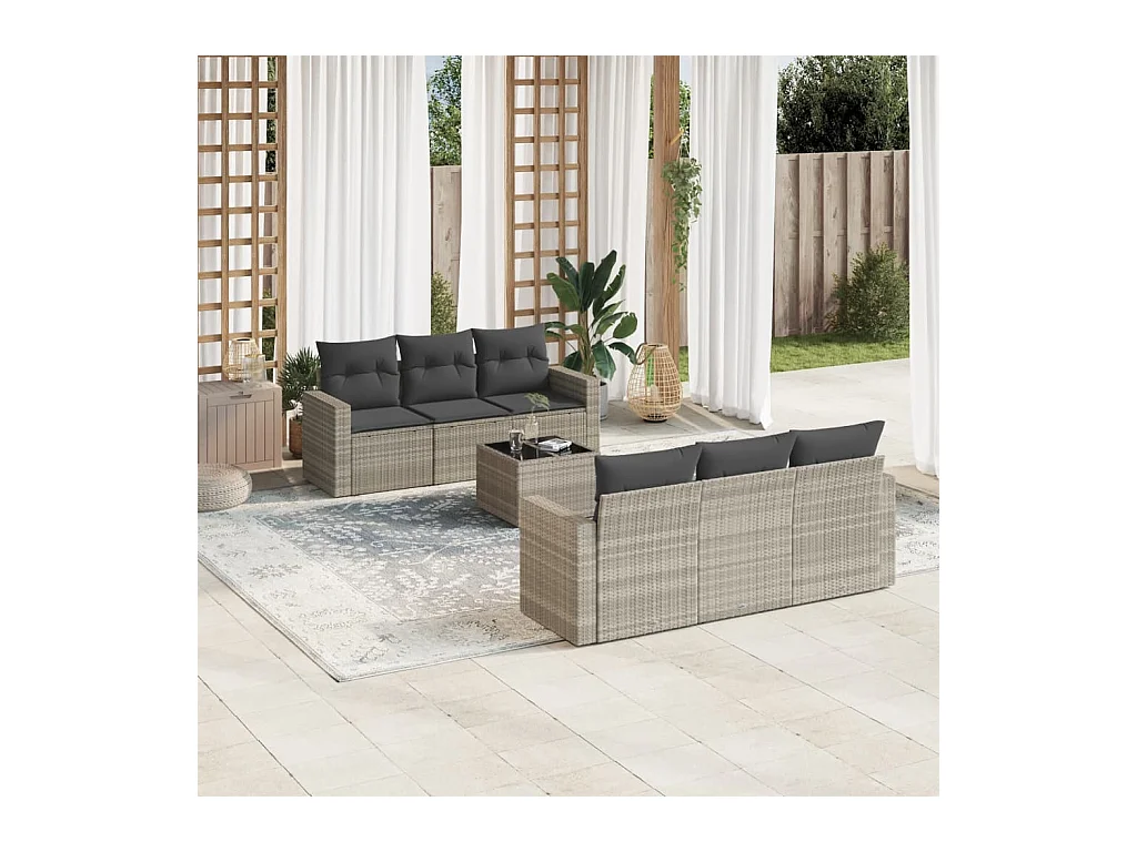 Salon de jardin avec coussins 7 pcs gris clair résine tressée