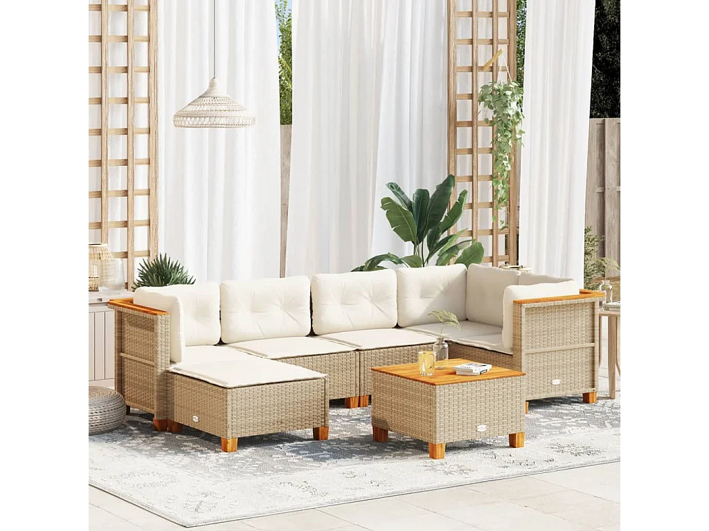 Set Divani da Giardino 7 pz con Cuscini Beige in Polyrattan