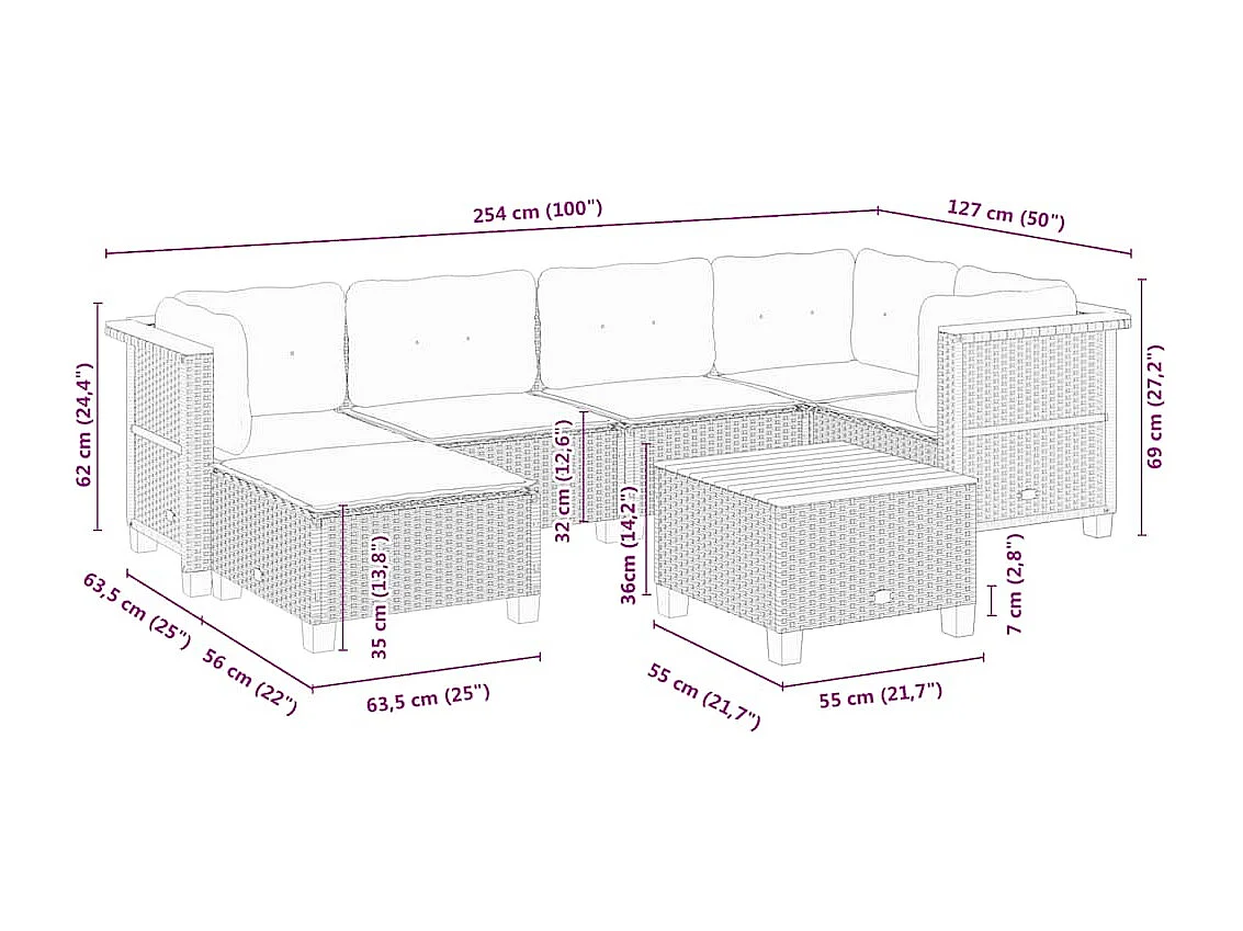 Set Divani da Giardino 7 pz con Cuscini Beige in Polyrattan