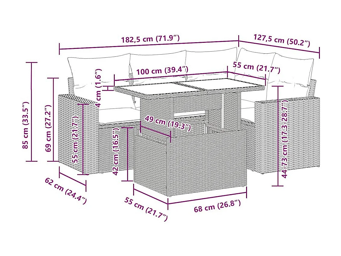 5-delige Loungeset met kussens poly rattan beige