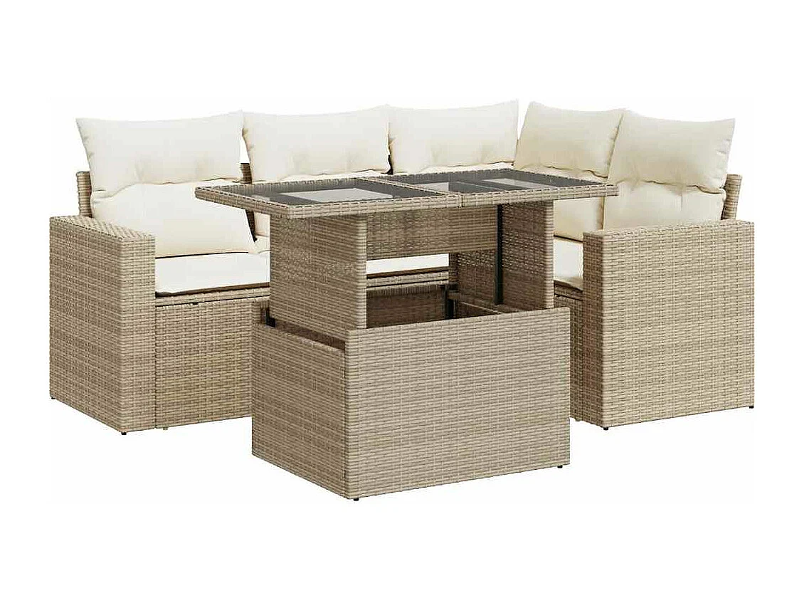 5 pcs conjunto de sofás p/ jardim com almofadões vime PE bege